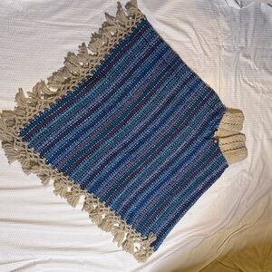 Blue and Beige Striped Poncho